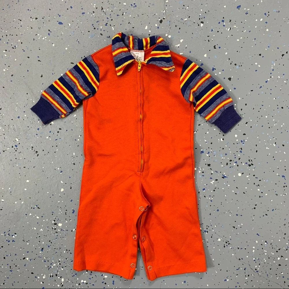 Vintage 60s Red Blue Yellow Stripe Zip Up Boiler Suit Coveralls Jumpsuit 6-9 MOS